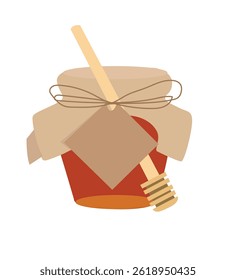 honey jars. Glass pots and wooden spoon with dripping liquid honey 