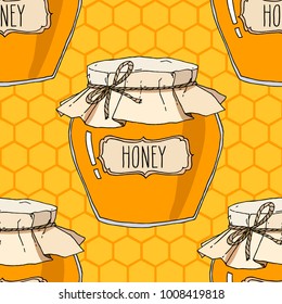 Honey jars and honeycomb seamless pattern. Vector hand drawn background illustration.