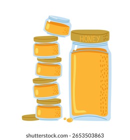 Honey jars stacked beside a larger jar depicting a fresh and organic natural sweetener