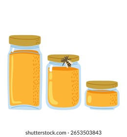 Frascos de mel de tamanhos variados com uma ilustração de abelha em um design simples