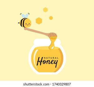 Honey jar,wooden honey dipper and cartoon bee on yellow background vector illustration. Cute cartoon character.