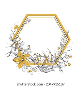 Honey label concept. Honeycomb frame with flowers, bee, leaf, berry, copy space. Black, golden, white vector illustration. Template for wedding or birthday card, eco poster, package, beekeeping design