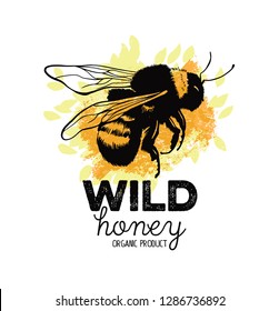 Honey label design. Bee on a yellow flower. Concept for organic honey products, package design. Vector illustration.