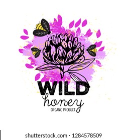 Honey label design. Bee over a clover flower. Concept for organic honey products, package design. Vector illustration.