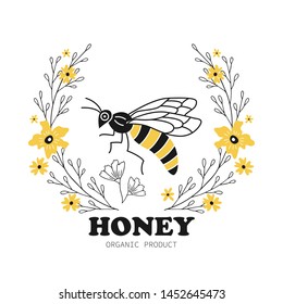 Honey label design. Flat style. Vector illustration.
