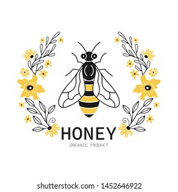 Honey label design. Flat style. Vector illustration.
