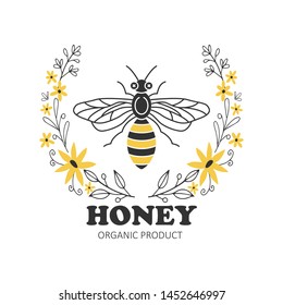 Honey label design. Flat style. Vector illustration.
