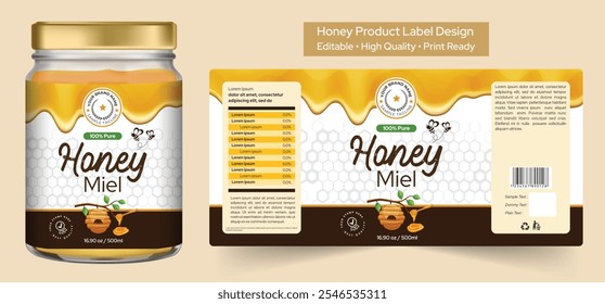 Honey label design, Honey jar product packaging design with honeycomb and bee background, dripping honey label print ready vector file template illustration