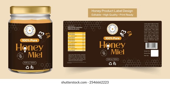 Honey label design premium quality, Honey jar product packaging design with honey comb and bee background, dripping honey label print ready vector file template illustration