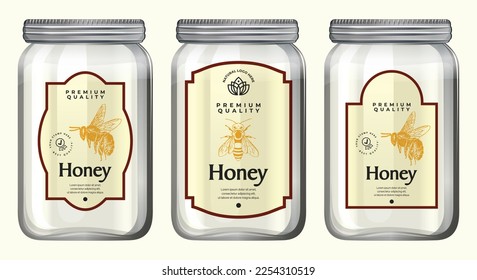 Honey label design Set with jar honey product packaging design creative jar labels bee design pure manuka honey label design template illustration