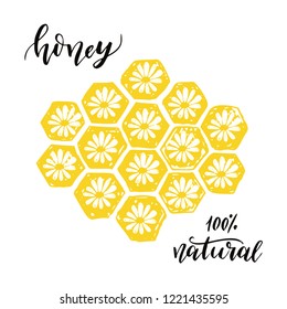 Honey label with hand drawn lettering, honeycomb, flowers. 100% natural honey.