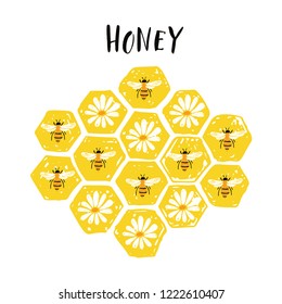 Honey label with hand drawn lettering, honeycomb, bee. 
