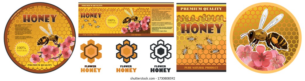 Honey label for jar, pack, packing, packaging. Vector. Concept design farmer products. Logo. Organic rustic natural farm product.
Set of stickers.
