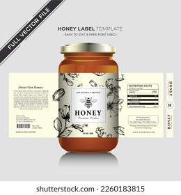 Honey label and natural honey design with vector new honey jar label product design creative packaging gold and honey flower.