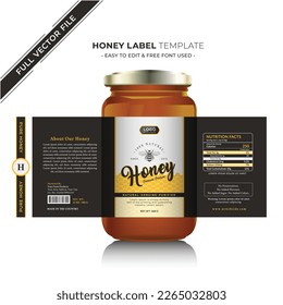 Honey label and natural honey design with vector new honey jar label product design creative packaging gold honey and black label sticker, bee jar vector design, creative packaging label.