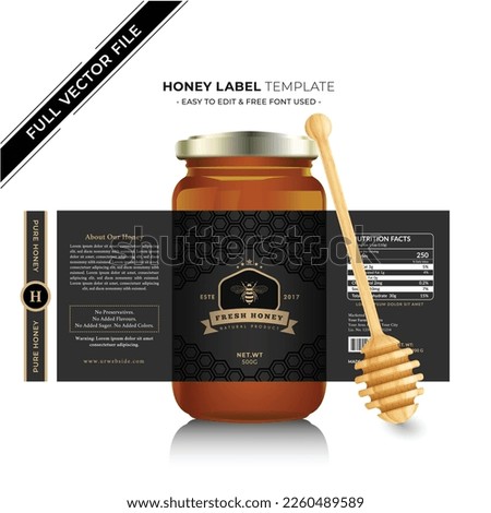 Honey label and natural honey design with vector new honey jar label product design creative packaging gold honey and black label sticker label.