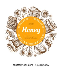 Honey label. Natural farm honey badge with bee and honeycomb. Vintage hand drawn vector illustration. Honey dessert badge, nutrition fresh and tasty