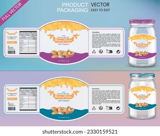 Etiqueta de la miel, Empaquetado de nueces de miel, Etiqueta del frasco de nueces, Etiqueta del producto, Etiqueta de la miel, Paquete de nueces, Paquete de nutrición, Diseño de la plantilla de embalaje, vector, Montaje de botellas, Trampa de jabón, Tragón de jabón, Tragón de furgonetas, Trampa de camionetas
