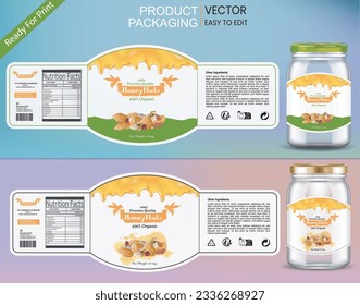 Honey label, Honey Nuts packaging, Nuts Bottle Label, Bottle Sticker, Product Label, Label for honey, Nuts pack, Nutrition pack, Packaging template design, vector, Bottle Mockup, Jar Mockup, Mockup