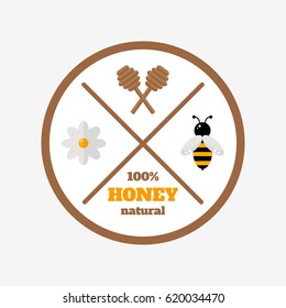 Honey label on background. Cartoon label. Honey product tag for apiary farm or beekeeping industry. Flat style vector illustration. 