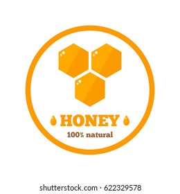 Honey label on background. Cartoon label. Honey product tag for apiary farm or beekeeping industry. Flat style vector illustration. 