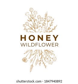 Honey label for package. Wildflower logo sketch with text. Floral emblem, honey design. Outline vintage hand drawn herbs, flowers. Modern simple style. Vector illustration isolated on white background