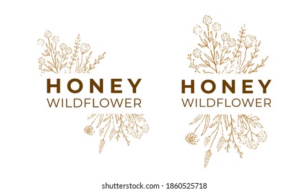 Honey label for package. Wildflower logo sketch with text. Floral emblem set, honey design. Outline vintage hand drawn herbs, flowers. Modern style. Vector illustration isolated on white background