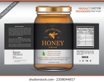 Honey Label, Honey Packaging, Bee honey, Honey Vector packaging, Label for print, Print ready file, Vector design, pack, vector packaging, Food label, Nutrition Label,Bottle Mockup, Jar Mockup