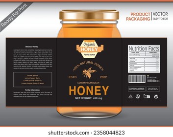 Honey Label, Honey Packaging, Bee honey, Honey Vector packaging, Label for print, Print ready file, Vector design, pack, vector packaging, Food label, Nutrition Label,Bottle Mockup, Jar Mockup