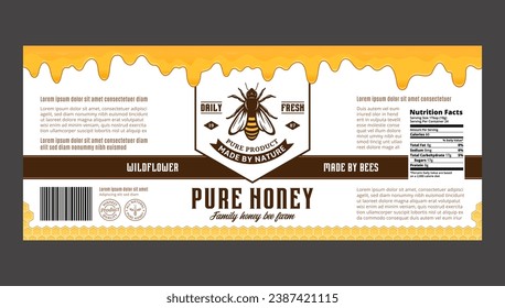 Honey label or packaging design template with honeycombs and dripping honey