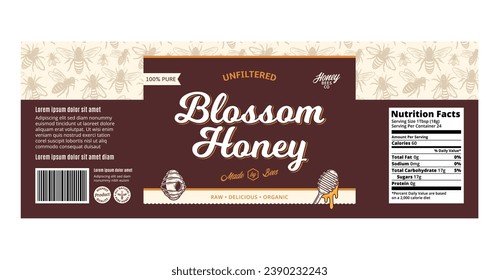 Honey label or packaging design template with bees, beehive and dipper