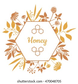 Honey Label with plants and flowers. Vector illustration