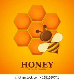 Honey label premium quality title. Paper cut style bee with honeycombs and Bee. Template design for beekeeping and honey product. Orange background, vector illustration. 