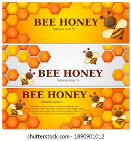 Honey label premium quality title. Paper cut style bee with honeycombs and Bee. Template design for beekeeping, banner  and honey product. Orange  and grey background, vector illustration. 