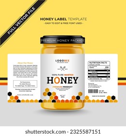 Honey label, honey sticker banner natural bee honey glass jar bottle sticker creative product packaging idea, white minimal clean design
background healthy organic food product bee black label.