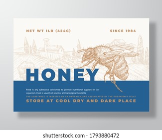 Honey Label Template. Abstract Vector Packaging Design Layout. Modern Typography Banner with Hand Drawn Bee and Rural Landscape Background. Isolated.