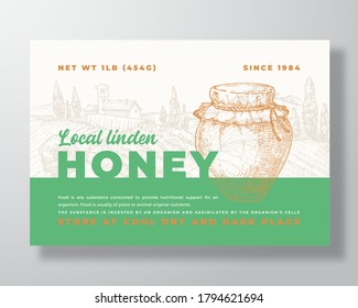 Honey Label Template. Abstract Vector Packaging Design Layout. Modern Typography Banner with Hand Drawn Pot or Jar and Rural Landscape Background. Isolated.