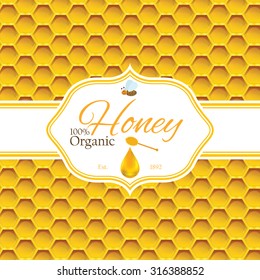 Honey label template for honey logo products with bee and drop of honey on Honeycomb colorfull pattern background