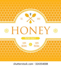 Honey label template for honey logo products with bee and drop of honey on Honeycomb colorfull pattern background