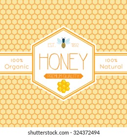 Honey label template for honey logo products with bee and drop of honey on Honeycomb colorfull pattern background