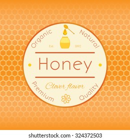 Honey label template for honey logo products with bee and drop of honey on Honeycomb colorfull pattern background