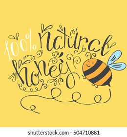 Honey label.Food template for your design with honey bee and lettering.Vector packing concept.