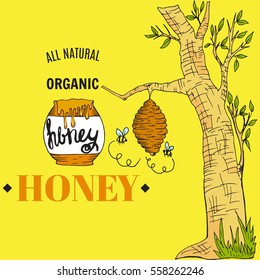 Honey label.Food template for your design with honey bee,tree,lettering and lettering.Vector packing concept.