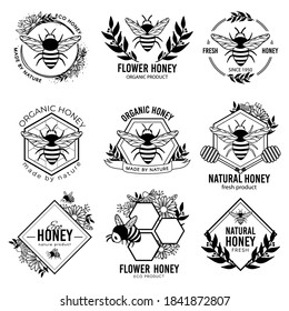 Honey labels. Beekeeping eco product badges, apiculture natural organic propolis stickers. Flower nectar ad tags vector isolated set. Bee emblem, beekeeping badge organic illustration
