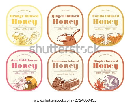 Honey labels featuring various flavors and infusions created for product display and marketing purposes