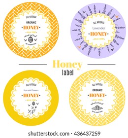 Honey labels.Set of labels with honey flowers,honey bee,clover, beehive.