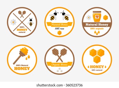 Honey labels isolated set on background. Cartoon labels collection. Honey product tags for apiary farm or beekeeping industry. Flat style vector illustration. 