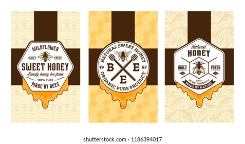 Honey labels, logo and packaging design templates for apiary and beekeeping  products, branding and identity. Vector honey illustration and patterns.