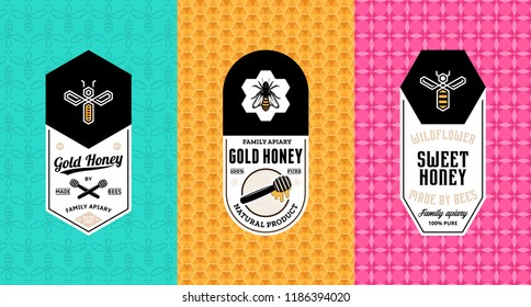 Honey labels, logo and packaging design templates for apiary and beekeeping  products, branding and identity. Vector honey illustration and patterns.