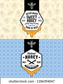 Honey labels, logo and packaging design templates for apiary and beekeeping  products, branding and identity. Vector honey illustration and patterns.